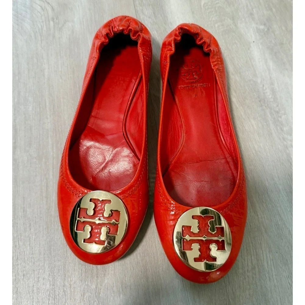 Tory Burch Red Patent Leather Ballet Flats Gold Logo Women's Size 7